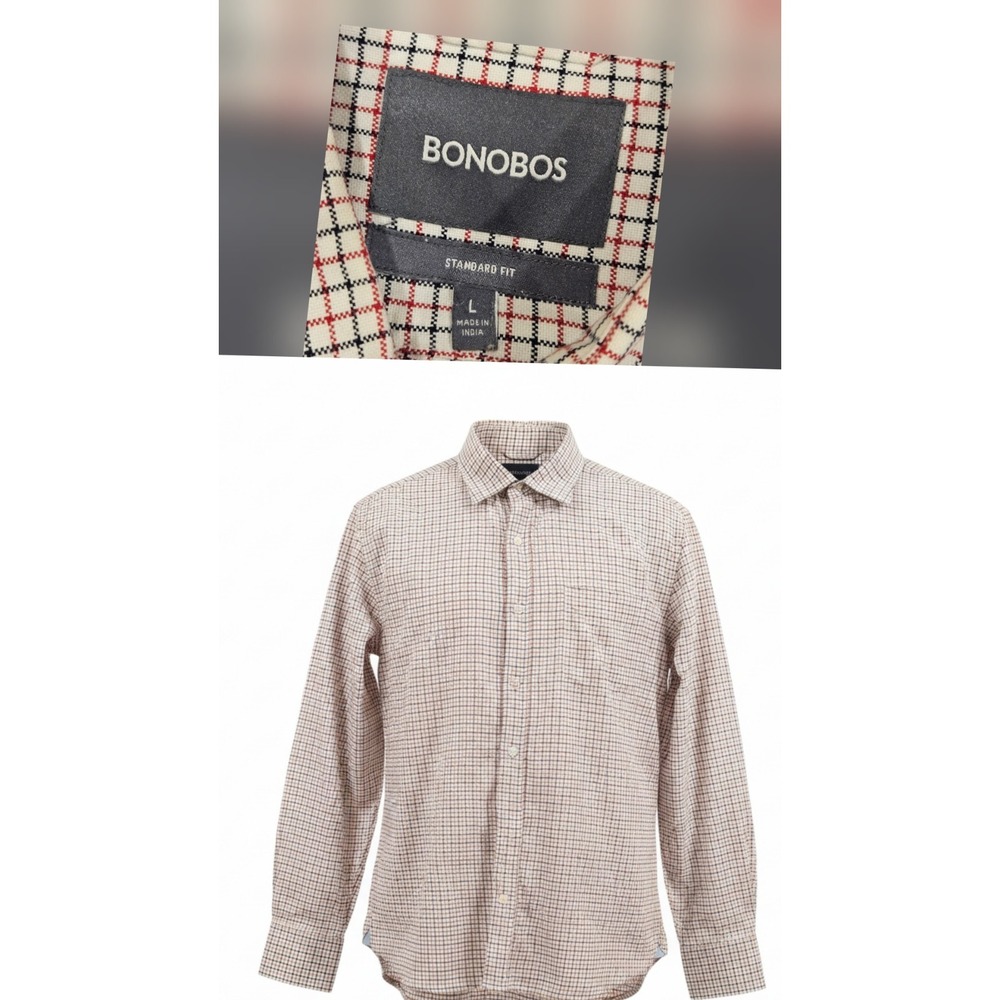 Bonobos Mens L Standard Fit Red Blue Check Long Sleeve Button Down Oxford Shirt